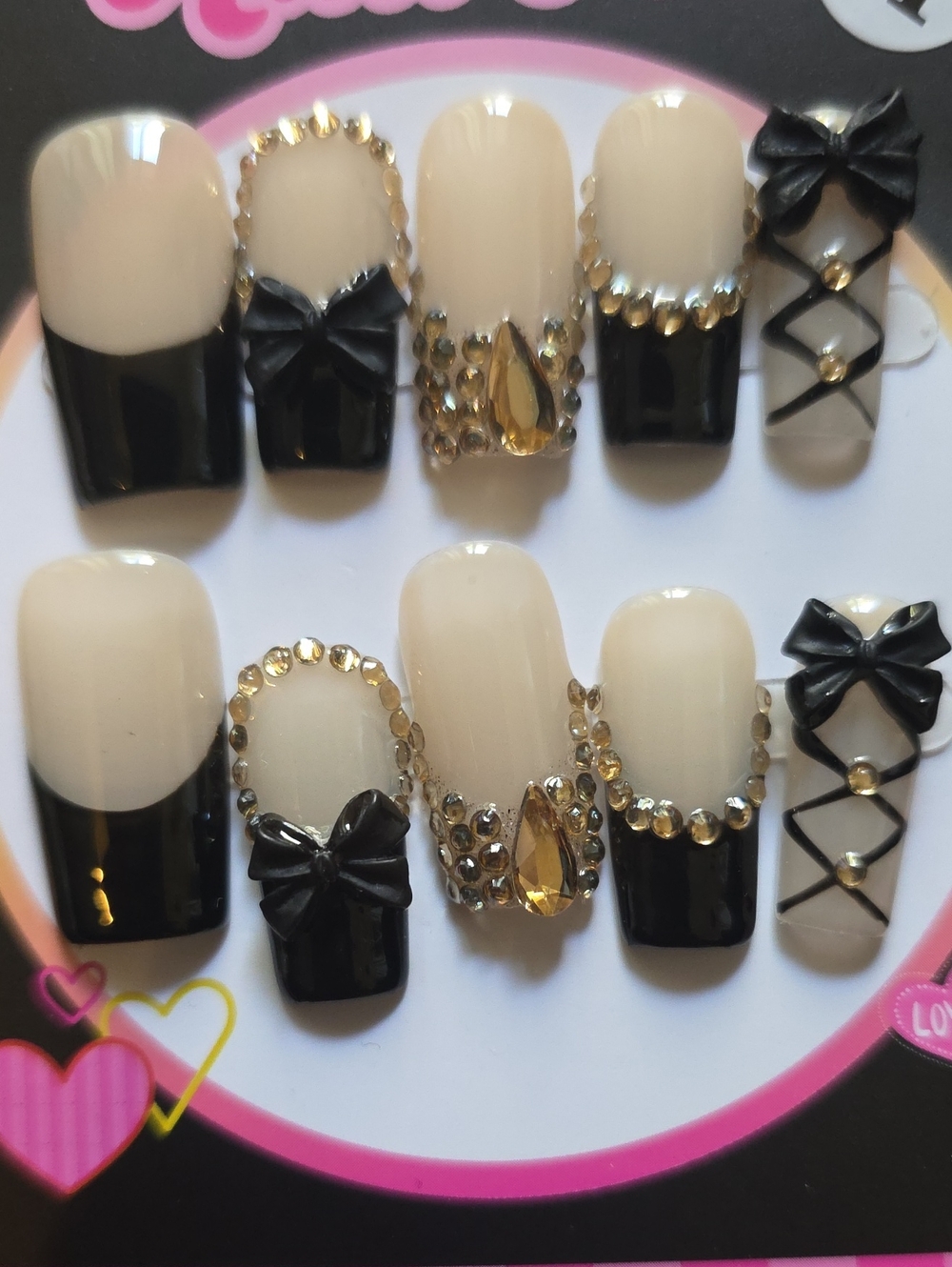 Neutral & Black Rhinestone Press-On Nail Set with Bows Size Med